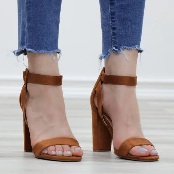 Faux Suede Open Toe Block High Heel Sandals - Picture 2 of 12